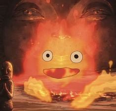 a cartoon character with fire in the background and eyes wide open, staring at something