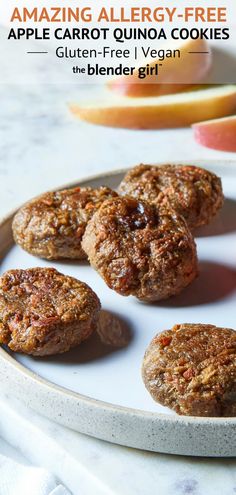 an apple and carrot quinoa cookies on a plate with the title overlay