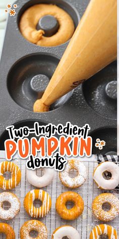 two ingredient pumpkin donuts with icing being piped into the doughnut holes