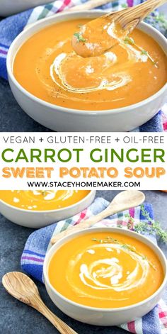 two bowls of carrot ginger sweet potato soup