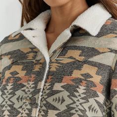 Style # 112353135 Shake off the cold in the women's Wrangler Retro® sherpa-lined southwestern print jacket. Inspired by our roots, this essential layer for the season ahead comes with an eye-catching print in a cool palette with a southwestern feel. The body is crafted from 100% cotton for comfort and solid construction that's easy to break in over time. The ultra-soft lining is crafted from cozy sherpa for lightweight warmth when the weather cools down. This jacket's also finished with pointed Cool Palette, Western Boots For Men, Barn Coat, Barn Jacket, Southwestern Print, Work Boots Men