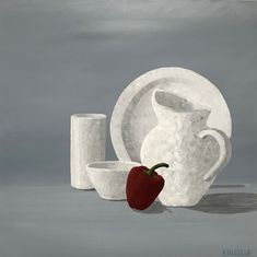 a painting of white dishes and a strawberry on a tablecloth, with grey background