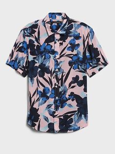 Untucked Slim-Fit Organic Cotton Shirt | Banana Republic Classic Summer Printed Shirt, Fitted Shirt For Casual Summer Gatherings, Classic Printed Tops For Summer, Classic Floral Print Tops For Summer, Summer Workwear Printed Shirt, Classic Printed Spring Shirt, Summer Floral Print Shirt For Workwear, Styles For Living Room, Neon Jungle