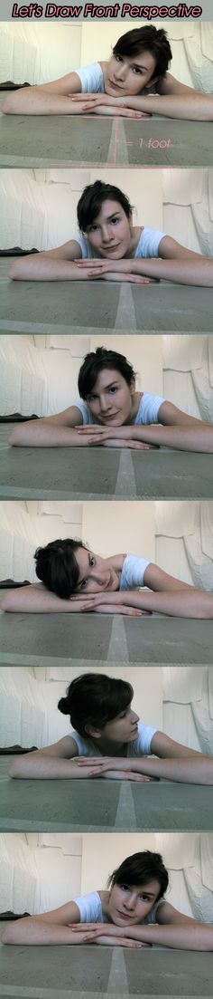 four different images of a woman laying down