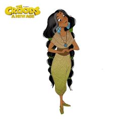 an animated character with long black hair wearing a green dress and holding a cell phone in her hand