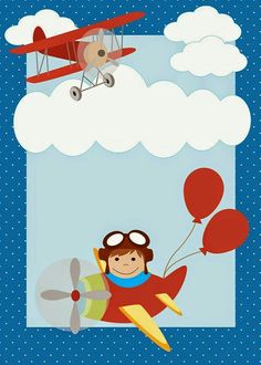 an airplane flying through the sky with a kid on it's back and some balloons