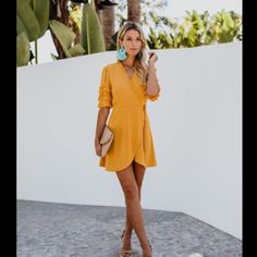 Da Vinci Wrap Dress In Mustard Color. Brand New Size Small. This Did Not Come With A Tag On It, Came In A Bag But Is Brand New. Mustard Dress Outfit, Work Appropriate Outfits, Marigold Dress, Mustard Dress, Vici Dress, Beer Outfit, Ruffle Wrap Dress, Summer Fashion Beach, Summer Dress Outfits