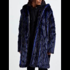 Black L-Blue Hooded Faux Fur Coat. Bnwt. Unstructured And Oversized Fit. Bought For A Photo Shoot And Never Returned. Extra Large Snaps In Front. And Sweeping Oversized Hood. Super Fun Coat, Limited Buy Special Edition. Sold Out. Size S Fits Like A M Winter Oversized Outerwear By Urban Outfitters, Oversized Winter Outerwear By Urban Outfitters, Urban Outfitters Oversized Winter Outerwear, Urban Outfitters Winter Streetwear Outerwear, Blue Long Sleeve Outerwear From Urban Outfitters, Urban Outfitters Black Long Sleeve Outerwear, Blue Long Sleeve Outerwear By Urban Outfitters, Fur Hooded Jacket, Urban Outfitters Lights