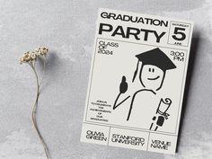 the graduation party flyer is next to a flower on a gray background with white writing