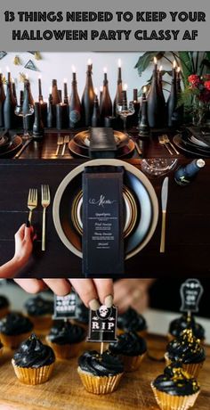 a table topped with cupcakes covered in black frosting