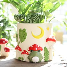 a potted plant sitting on top of a wooden table next to mushrooms and plants