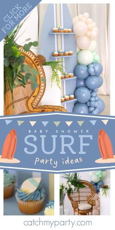 a baby shower party with blue and white balloons, surf decorations, and cupcakes