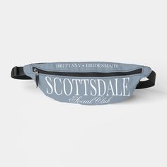 a blue fanny bag with the words scottsdale on it