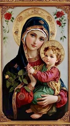 an image of the virgin mary holding a child in her arms with roses on it