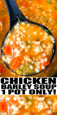 chicken barley soup in a pot with a spoon