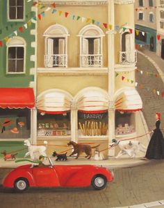 a painting of a street scene with an old fashioned car parked in front of a bakery