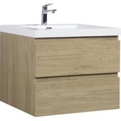 a bathroom vanity with two drawers and a faucet on the top, in light wood