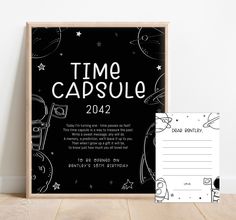 a black and white space themed graduation party poster next to a postcard with an envelope