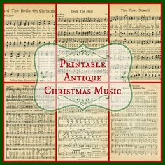 an old sheet music cover with the words printable antique christmas music written in red and green