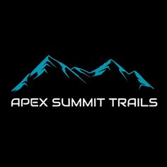 the apex summit trails logo is shown on a black background with blue mountains in the background