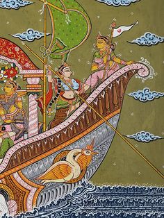 "Nauka Vihar" - Lord Krishna with Gopis on Boat | Pattachitra Painting From Odisha | Exotic India Art Pattachitra Paintings Odisha, Krishna With Gopis, Pattachitra Paintings, Handmade Canvas, India Art, Lord Krishna, Krishna, Folk Art, Paintings