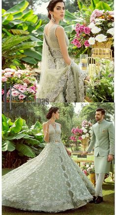 two pictures of the same woman in different wedding gowns, one is wearing a white dress