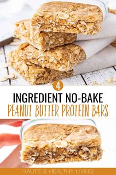 no bake peanut butter protein bars stacked on top of each other with text overlay