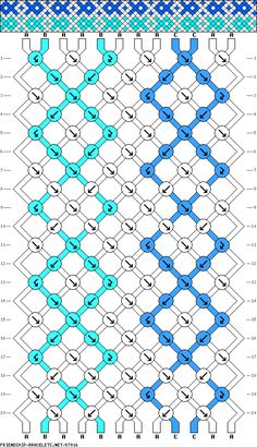 a blue and white crochet pattern with an arrow on the side, in two rows