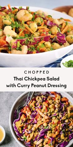 thai chickpea salad with curry peanut dressing in a white bowl and on the side