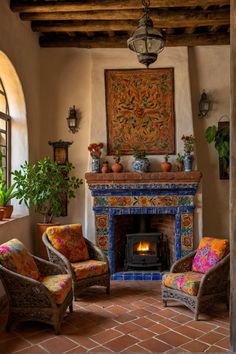 a living room filled with furniture and a fire place in the middle of a room