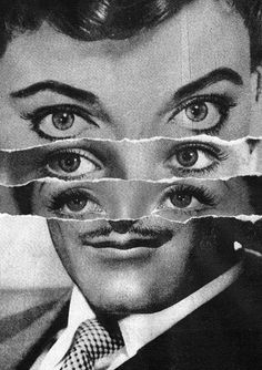 an old photo of a man's face through torn pieces of paper with his eyes wide open