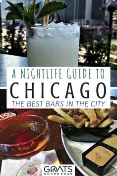 the chicago bar in the city with an image of a drink and some food on it