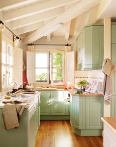 a kitchen with green cabinets and wooden floors is pictured in this image, there are two windows above the sink