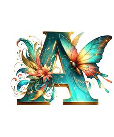 the letter a is decorated with flowers and butterflies