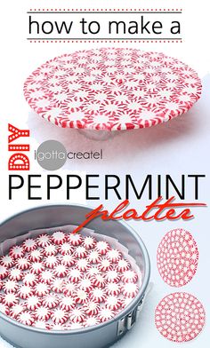 a cake pan with red and white designs on the lid, next to an image of peppermint patties