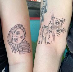 two people with tattoos on their arms, one has a cat and the other has a dog