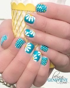 Polka dots and daisy petals nail art Polka Dot Nail Designs, Dot Nail Designs, Polka Dot Nail Art, Nails Yellow, Dot Nail Art, Polka Dot Nails, Flower Nail Designs, Dots Nails, Flower Nail