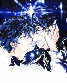 two people are kissing each other in front of blue lights and sparkles behind them