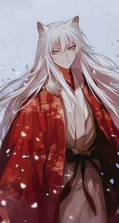 an anime character with long white hair wearing a red coat and black pants, standing in the snow