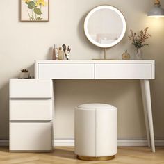 a white desk with a round mirror above it and two drawers underneath the desk, along with a stool