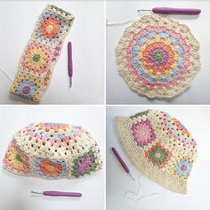 crocheted items are shown in four different pictures, including a hat and knitting needles