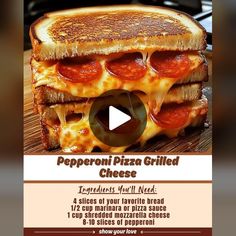 a grilled cheese sandwich with pepperoni on it is featured in this ad for pepperoni pizza grilled cheese