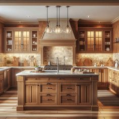 a large kitchen with wooden cabinets and marble counter tops