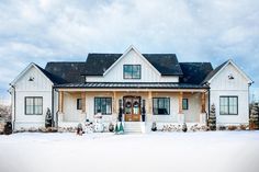 a white house with snow on the ground and trees around it in front of a cloudy sky