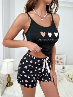 Negro  Collar sin mangas  Corazón,Frase Conjunto de Pantalones Cortos Embellished Elástico Ligero Todo Backless Cami Top, Ariel Disney, Short Pj Set, Bed Time, Girls Top, Casual Stripes