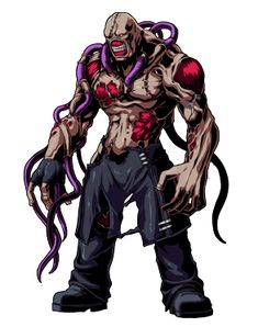 an image of a demon with purple hair and fangs on his face, standing in front of