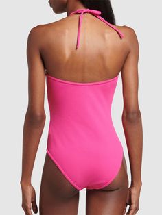 Back self-tie halter neck closure. Front logo detail. Model is wearing a sizeS Chic Halter Top For Poolside, Chic Poolside Halter Top, Chic Fitted One-piece Halter Top, Chic One-piece Halter Top, Halter Neck Top For Pool, Moncler Women, Versace Brand, Costume Intero, Flat Espadrilles