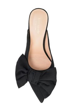 A bold, asymmetrical bow makes a modern statement on a pointy-toe mule lifted bye a stiletto heel. 3 1/2" heel Textile upper/leather lining and sole Imported Women's Shoes Kate Spade Shoes, How To Make Bows, Stiletto Heel, Women Style, Kate Spade New York, Black Fabric, Mule, Hosiery, Women's Shoes