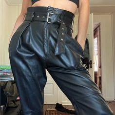 Gorgeous Buttery Leather Tapered And Belted Pants From Song Of Style. No Longer Available. Forever Chic In These! Belted Trousers, Song Of Style, Belted Pants, Jumpsuit Trousers, Style Pants, Leather Belt, Real Leather, Pant Jumpsuit, Pants For Women