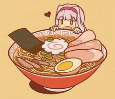 a bowl of ramen with an anime character in the middle